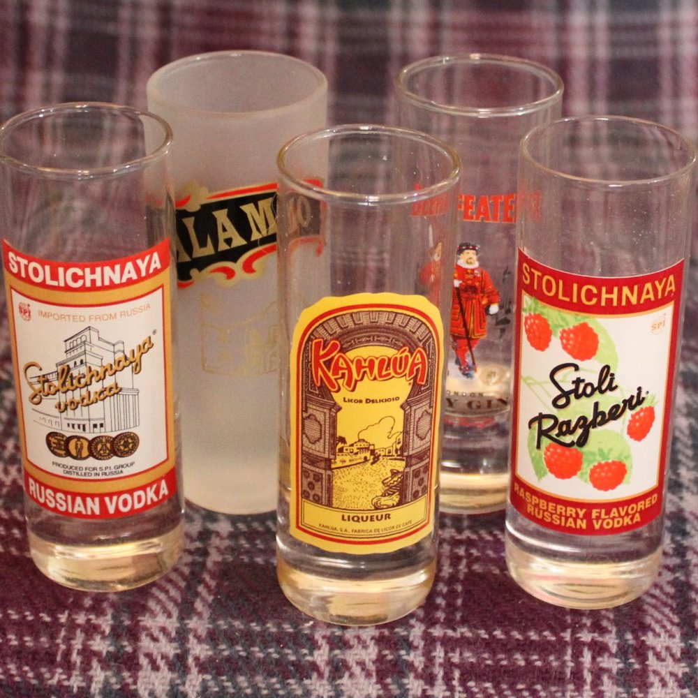Five Double Shot Glass Lot Stoli Beefeater Alamo Kahlua